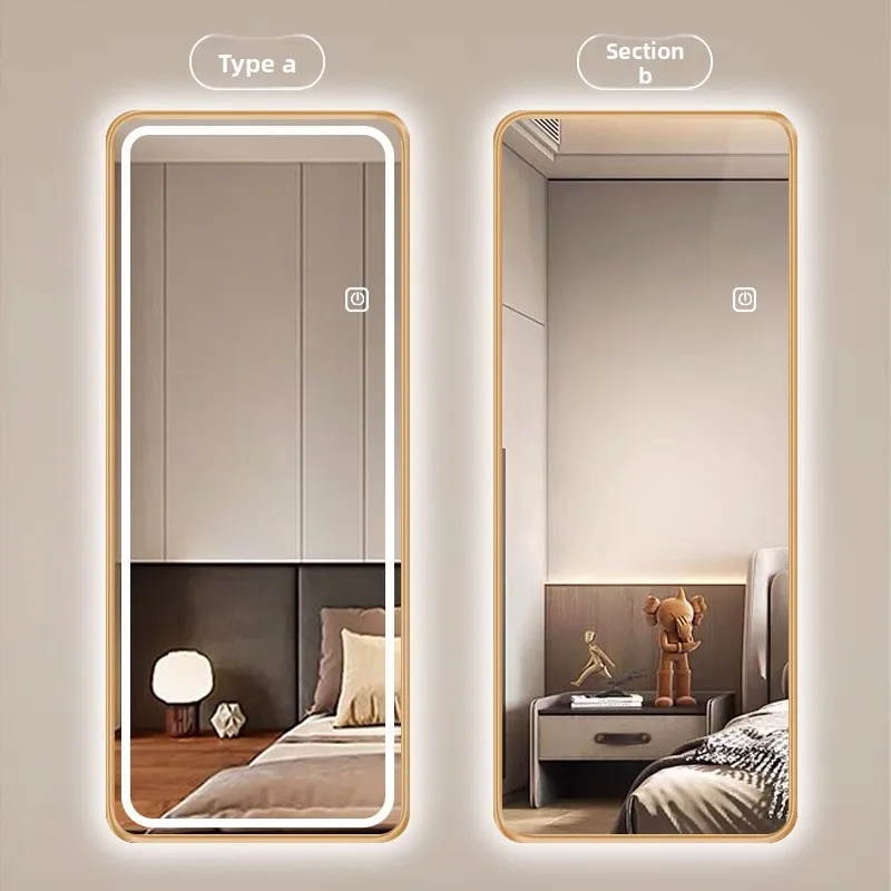 Espejo cuadrado de cuerpo entero, luz LED inteligente, espejo largo luminoso con marco de Metal enchufado en espejo de tocador de maquillaje