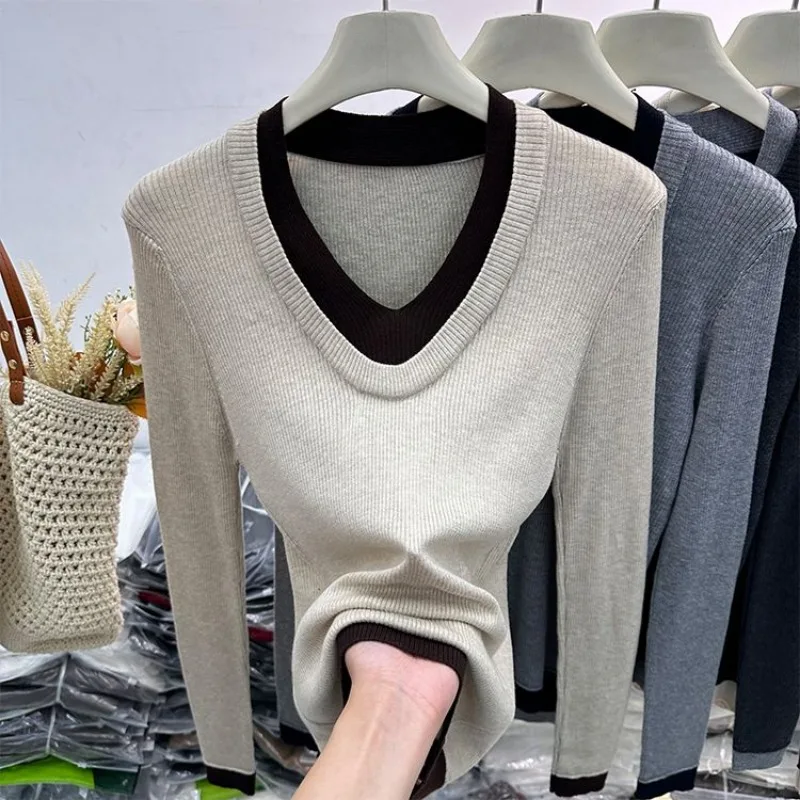 

Модный универсальный вязаный свитер контрастных цветов, осенне-зимний пуловер из двух частей с v-образным вырезом, элегантный повседневный топ