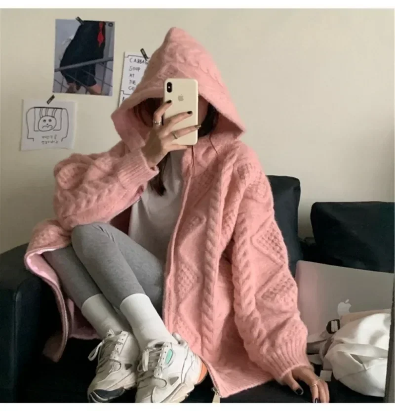 Korean Vintage Women Knitted Cardigan Autumn Winter Hooded Twist Sweater Woman Long Sleeve Zipper Crochet Outerwear Y2k