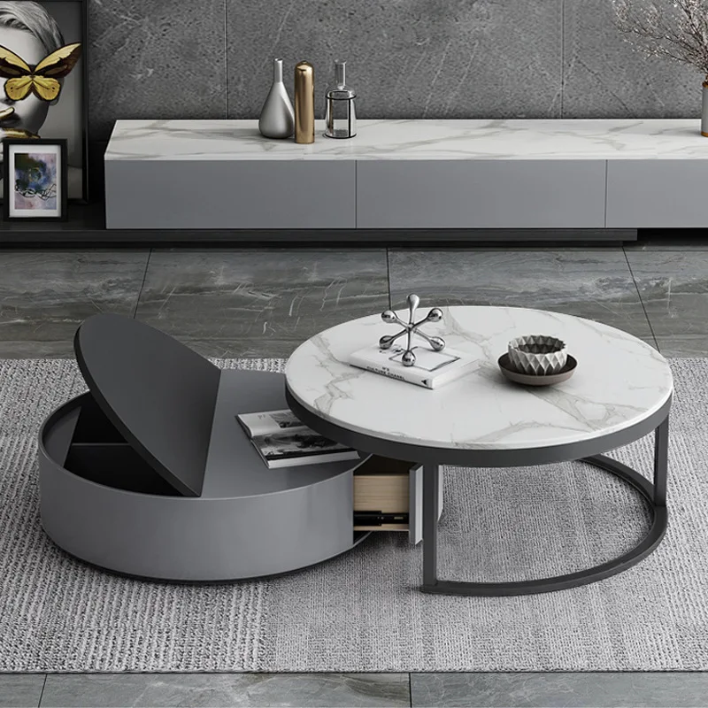 

Italian minimalist rock slab round coffee table folding stretch TV cabinet combination household living room small apartment