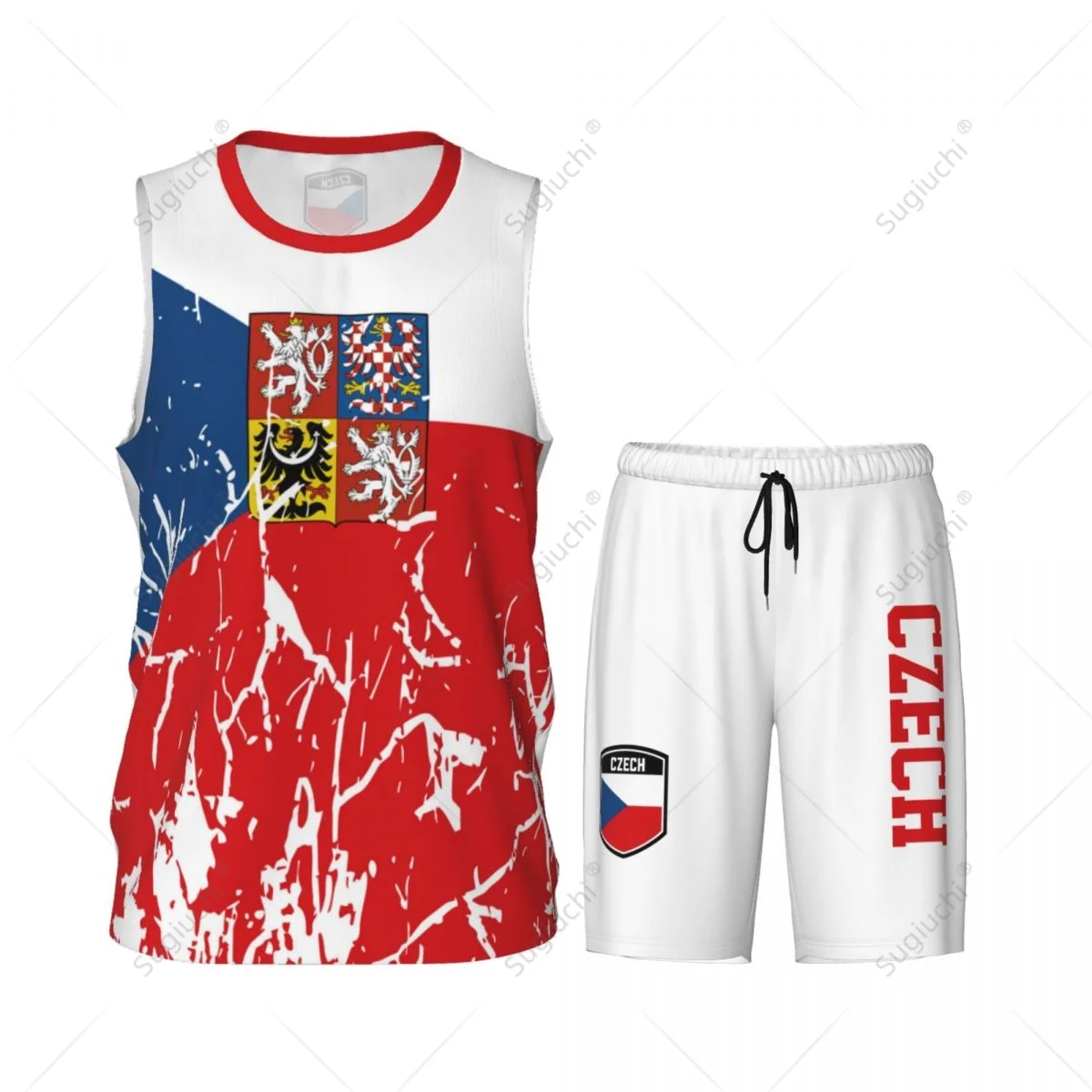 Czech Republic Flag Grain Men Basketball Set Shirt & Pants Sleeveless