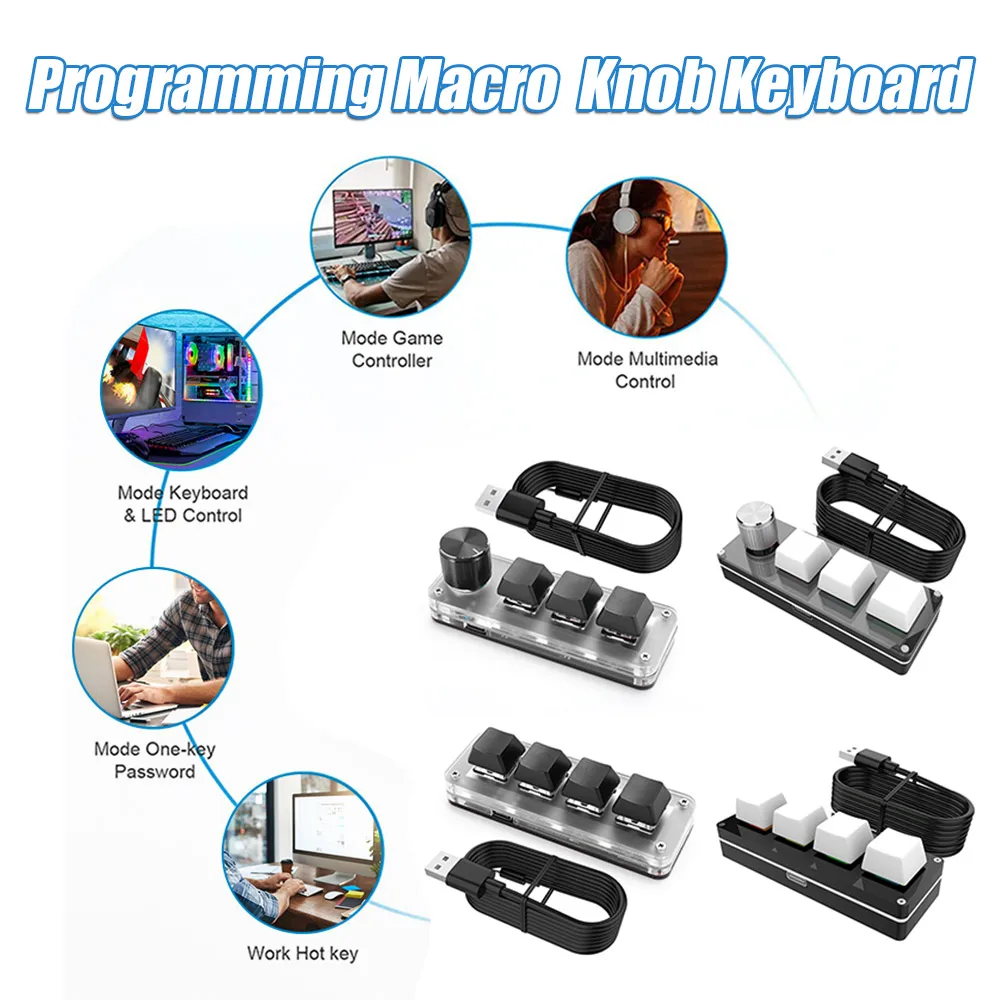 Mini Programmable Macro Knob Keyboard 3 Key 1 Knob/4 Key RGB Mechanical Hotswap USB Wired Keypad Red Switches for Gamers Designe