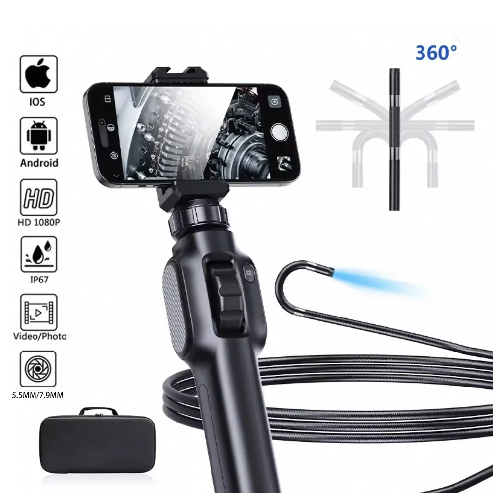 360 Degree Steering Articulation Industrial Borescope Endoscope Car Inspection Camera With 8 LED for iPhone Android 5.5MM/7.9MM