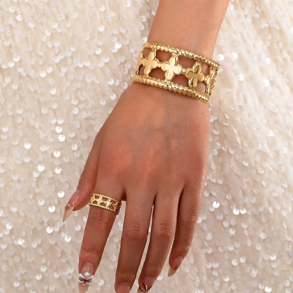 Exquisite Flower Cuff Bangle Clover Shaped Flora Design Hollow Flower Bangle Casting Technique Wide Cuff Open Bracelet Party