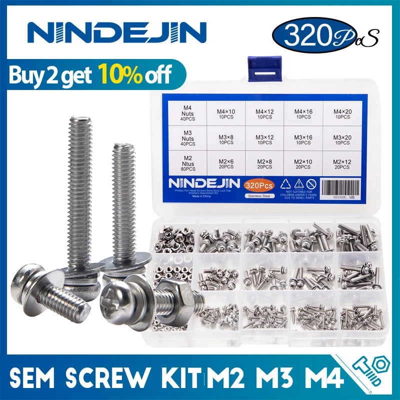 320pcs/set Pan Head Phillips Screws and Nuts with Flat Washers Stainless Steel M2 M3 M4 Machine Screws Assortment Kit