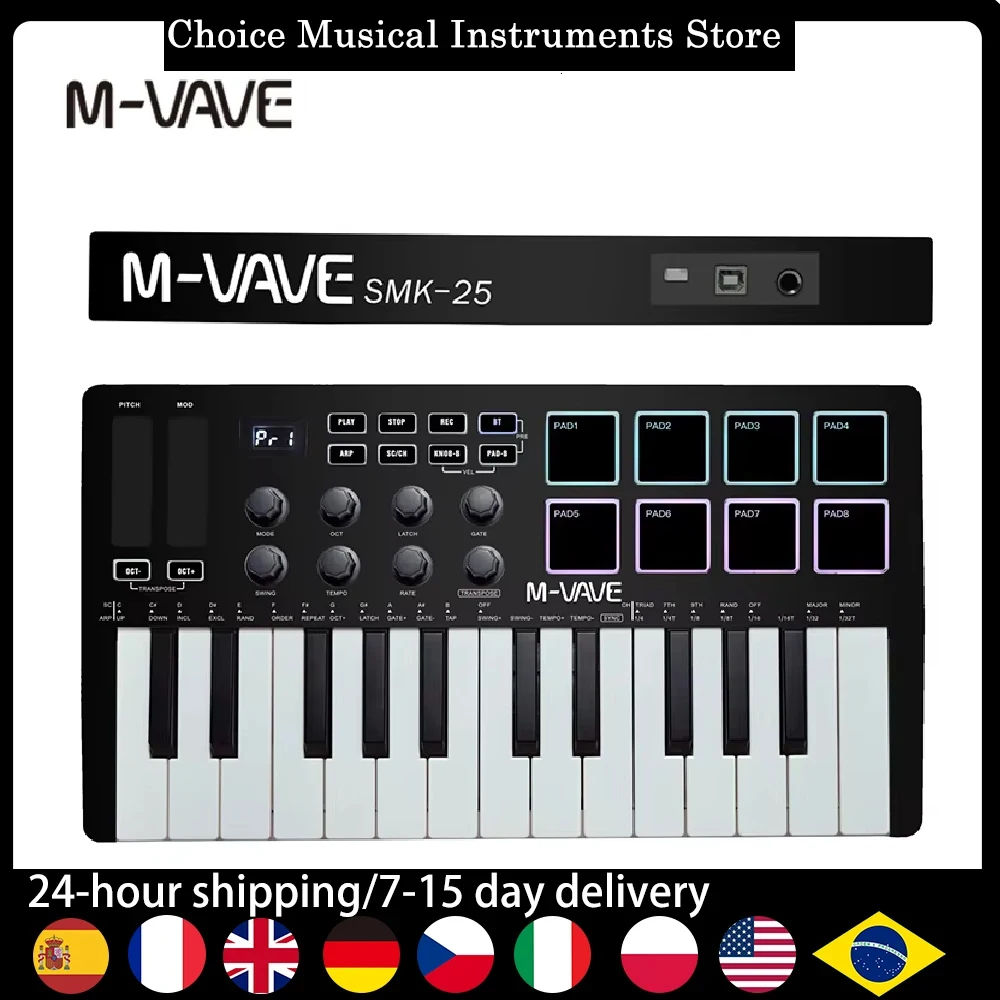 

【Pro Keytar】M-VAVE SMK-25 25 клавиш + 8 барабанных колодок с подсветкой, контроллер Beat Maker DAW, живая производительность