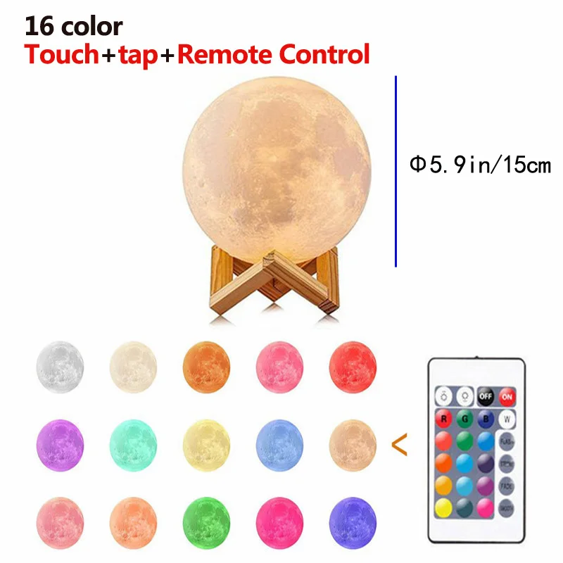 3D Print Rechargeable Moon Lamp 16 Colors Touch & Remote Control LED Night Light Creative for Bedroom Decoration Birthday Gift