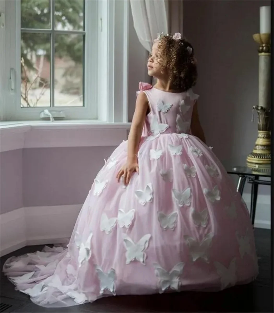 

Pink Flower Girl Dresses for Wedding Tulle Butterfly Floor Length Lovely Girl Kids Birthday Party First Holy Communion Gowns
