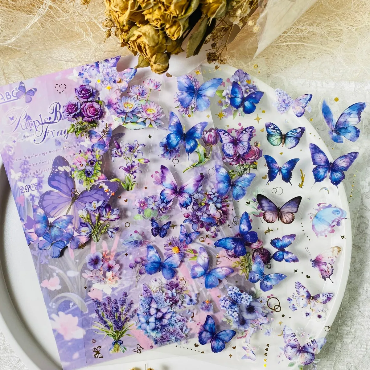 Journamm 2sheets Butterfly Flowers Decoration Stickers PET Collagefor Scrapbooking Junk Journal Creative Hand Account Stickers