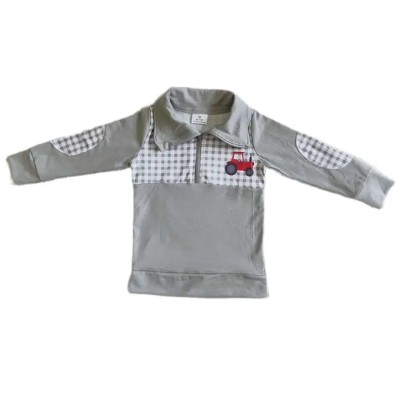 Toddler Fall Pullover Clothes Kids Gray Plaid Casual Shirt Long Sleeve Baby Boy Tractor Tee Lapel Top Children Zipper Sweatshirt