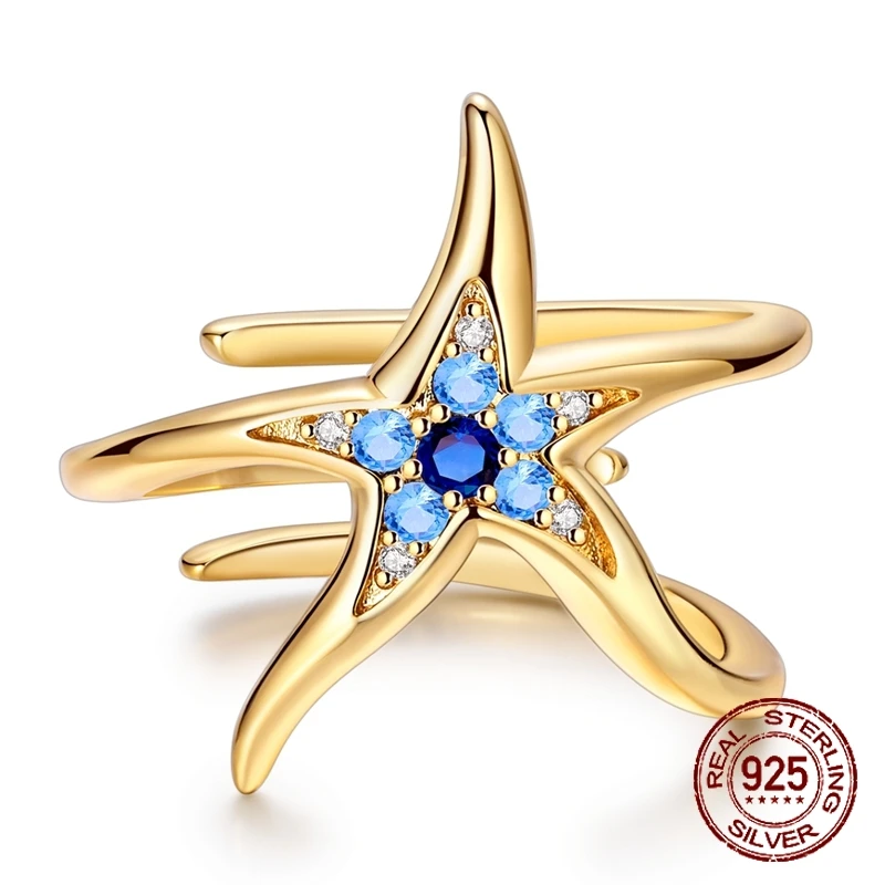 

925 Sterling Silver Starfish Open Ring Adjustable Ocean Beach Boho Ring Summer Vacation Everyday Jewelry Gift for Women Girls