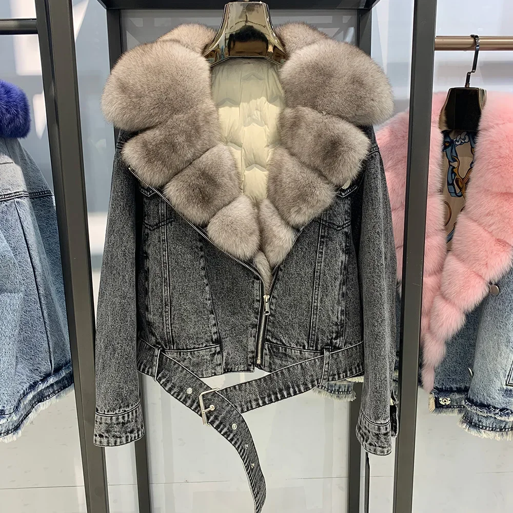 Real Fur Jean Coats Fashion Fur Overcoat Women Denim Jackets with Fox Fur Collar