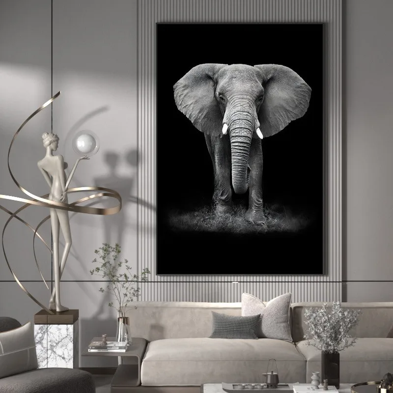 

Handmade Painting Modern Black and White Elephant Living Room Slightly Luxury Decorative Mural Hotel Simple Hallway Hanging