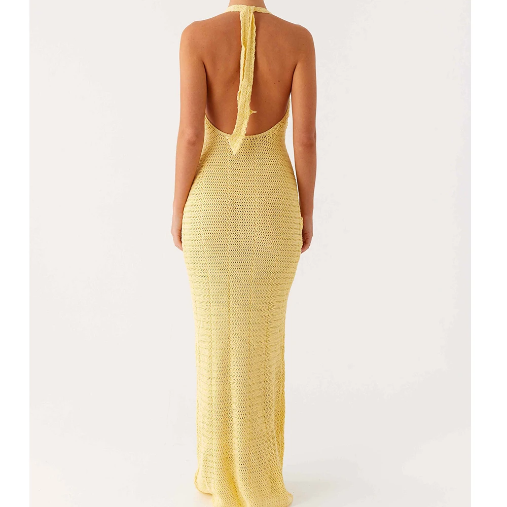ผู้หญิงวินเทจถัก Halter Maxi ชุด 3D ดอกไม้ Bodycon ชุดยาวเซ็กซี่สปาเก็ตตี้สายคล้องคอ Backless ค็อกเทลปาร์ตี้ Sundress