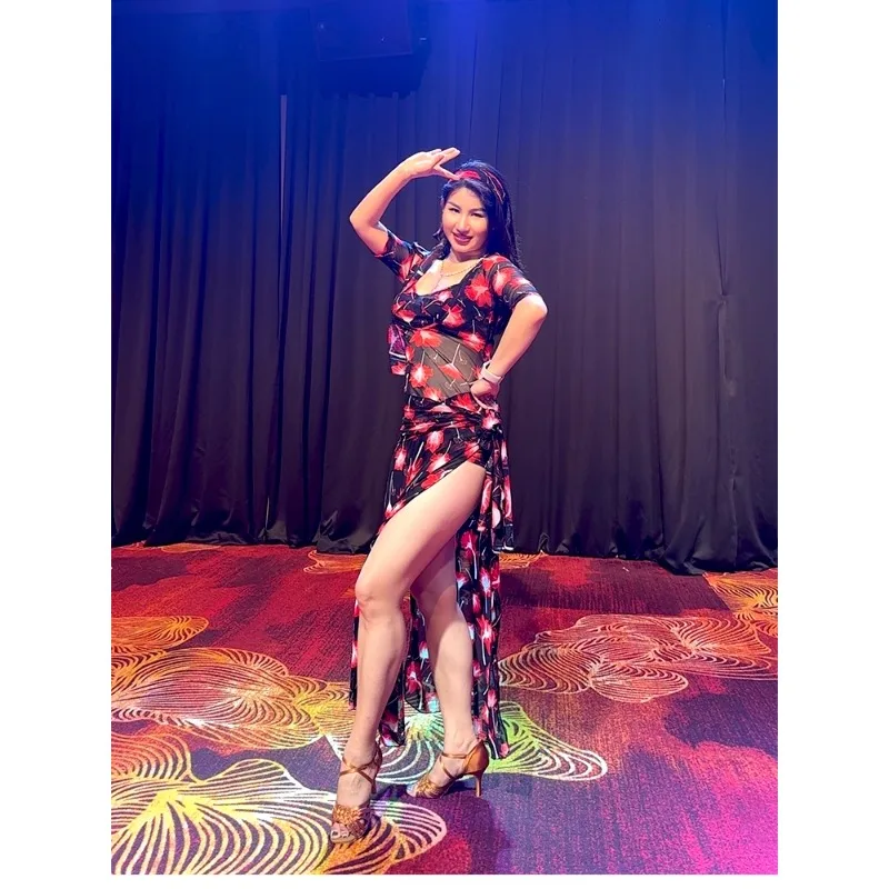 Customized Bellydance Costume Practice Robe 5Pcs Printed Dress Mid-Sleeve Dress Robe Headscarf Tube Top Waist Scarf Safety Pants