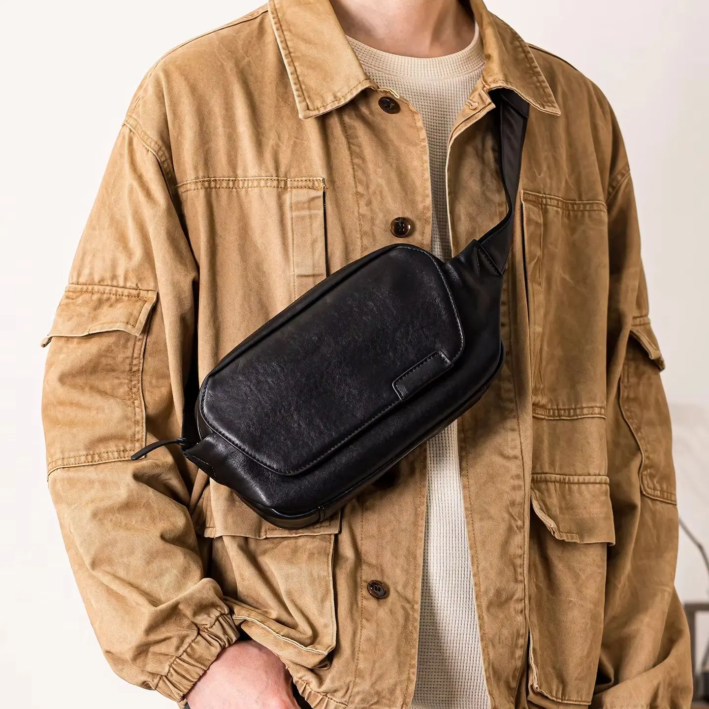 PNDME simple casual high quality genuine leather men's chest bag outdoor daily luxury handmade cow leather small crossbody bag