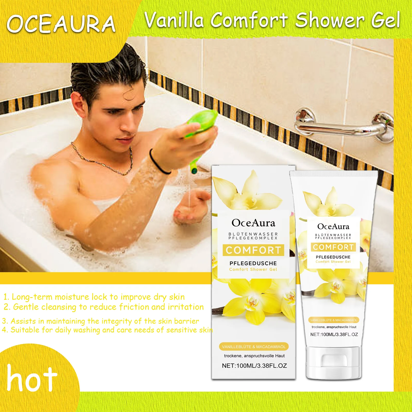 

OCEAURA 100 мл комфортный гель для душа длительный фиксатор влаги для улучшения сухой кожи, нежное очищение, уменьшение трения и раздражения