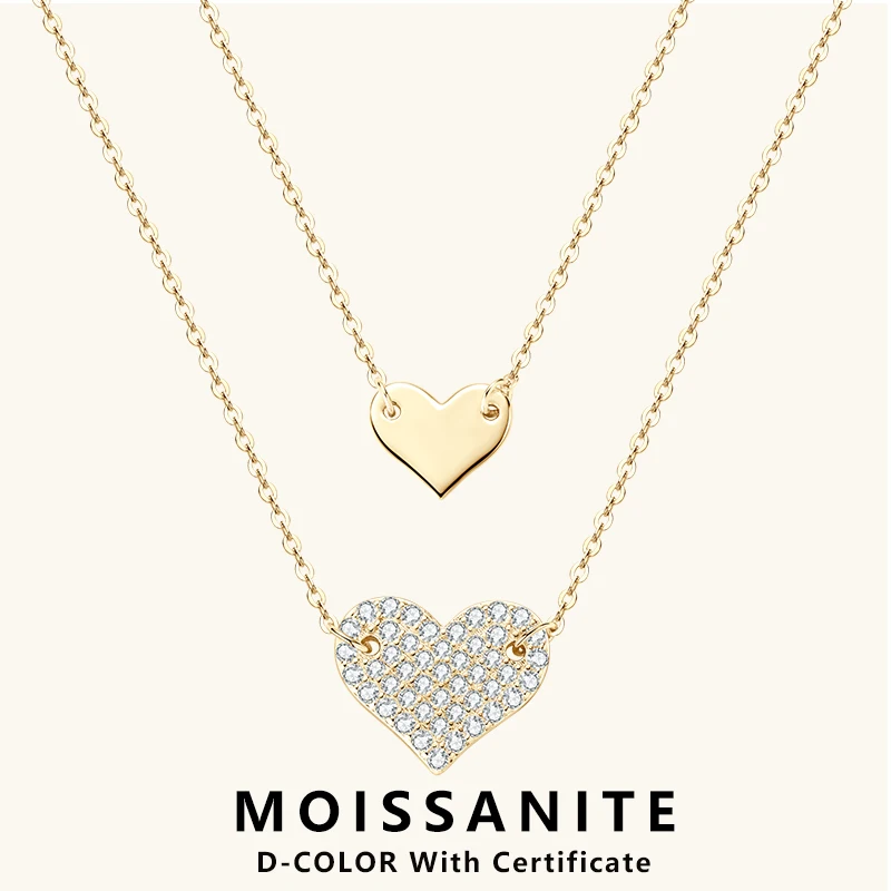 

Lnngy Collar Plata 925 Sterling Silver Heart Pendant Necklace 1.5mm&1.3mm Moissanite Necklaces For Women Double Chain Jewellry