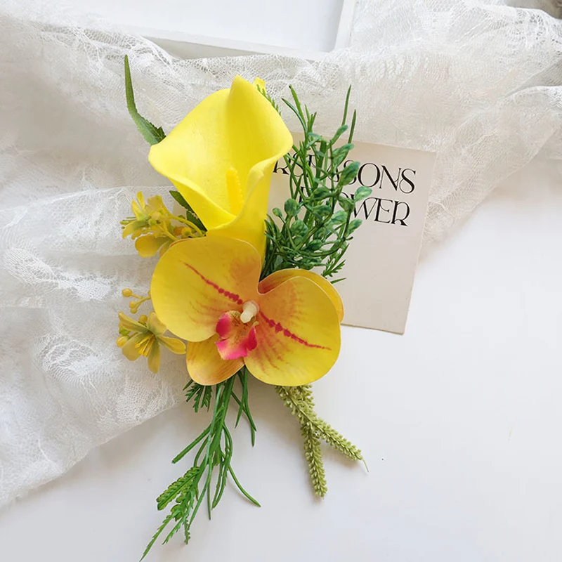 25021 Juego de pulsera y ramillete de flores rosas bohemias amarillas: perfecto para novias, padrinos de boda y decoraciones de boda