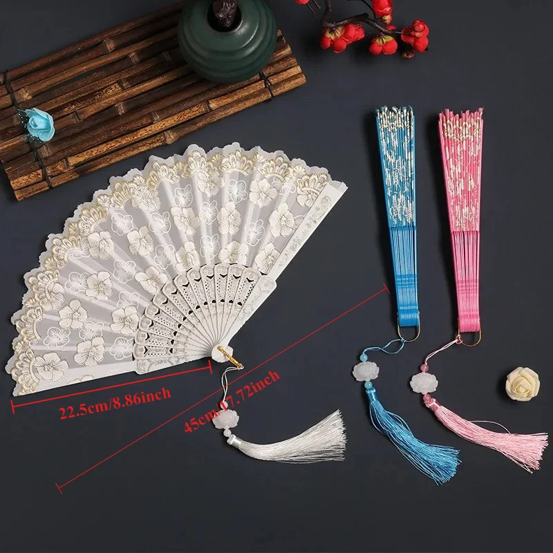 1Pc Flower Pattern Print Foldable Chinese Fan, 9 Color to Choose, Folding Silk Cloth Folding Fan with Tassel Hand Fan