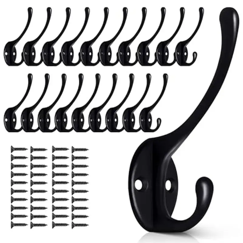 CHCH 20Pack Black Wall Hooks For Hanging, Metal Coat Hooks Wall Mounted, Retro Double Hooks Heavy Duty Hanger With 40 Screws Dur