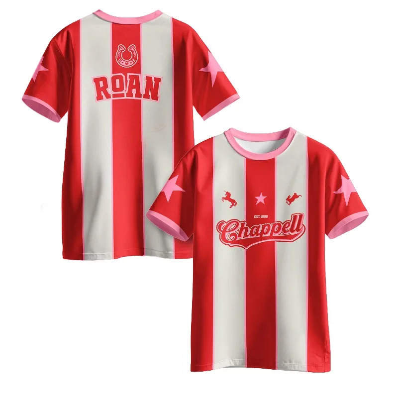 Chappell Roan Soccer Jersey Unisex 3D Full Printed O-neck Short Sleeve T-shirt Fans Gift Tee Red White Vertical Stripe Y2K Tops