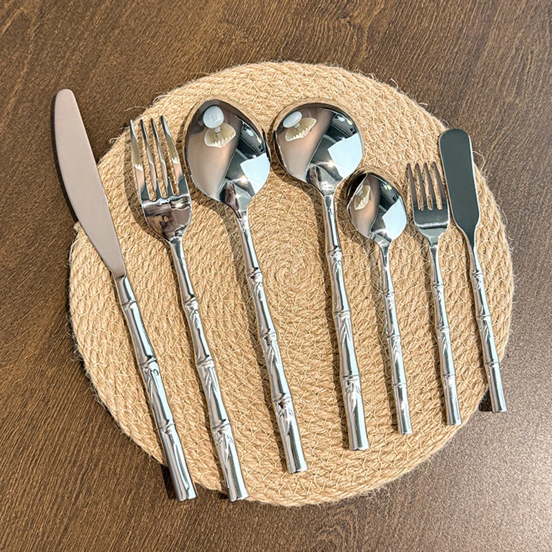 7PCS/Sets Stainless Steel 304 Cutlery Set Sliver Tableware Western Bamboo Shaped Handle Dinner Set Knife Fork Spoon Sliverware