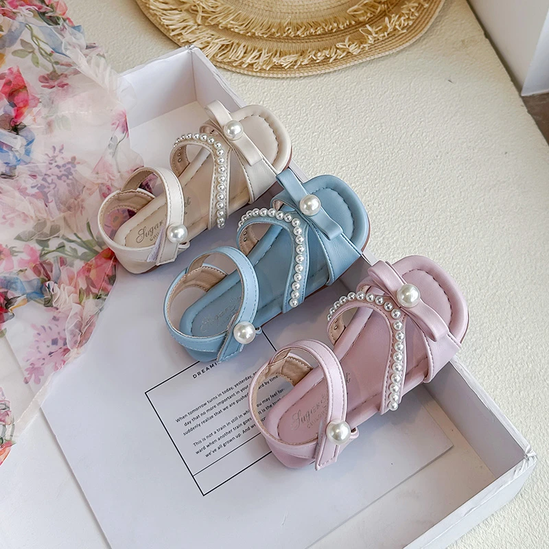 

Детские пляжные туфли Mumoresip для девочек, цвета конфет, с жемчугом, сандалии с открытым носком, мягкие, новинка 2026 года, детские туфли-принцессы с милыми бусинами