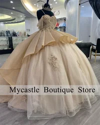 Champagne Lace Flower Princess Quinceanera Dresses 2024 Off Shoulder Sparkly Beaded Appliques Ball Gown Sweet 16 Dresses Vestido