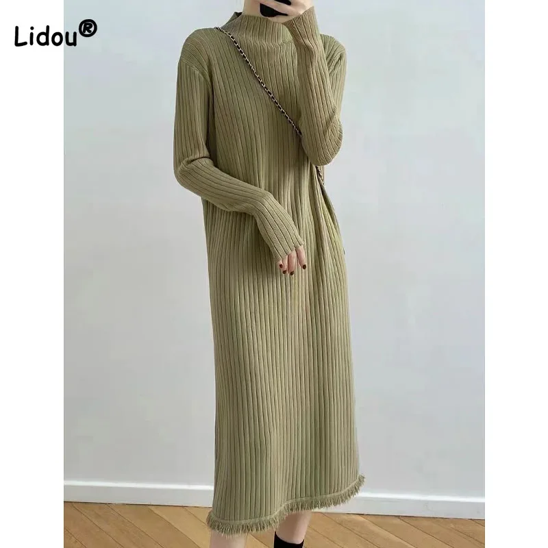 

Autumn Winter Temperament Solid Color Elegant Tassel Knitted Dress Women's Clothing Fashion Slim Half High Collar Midi Dresses