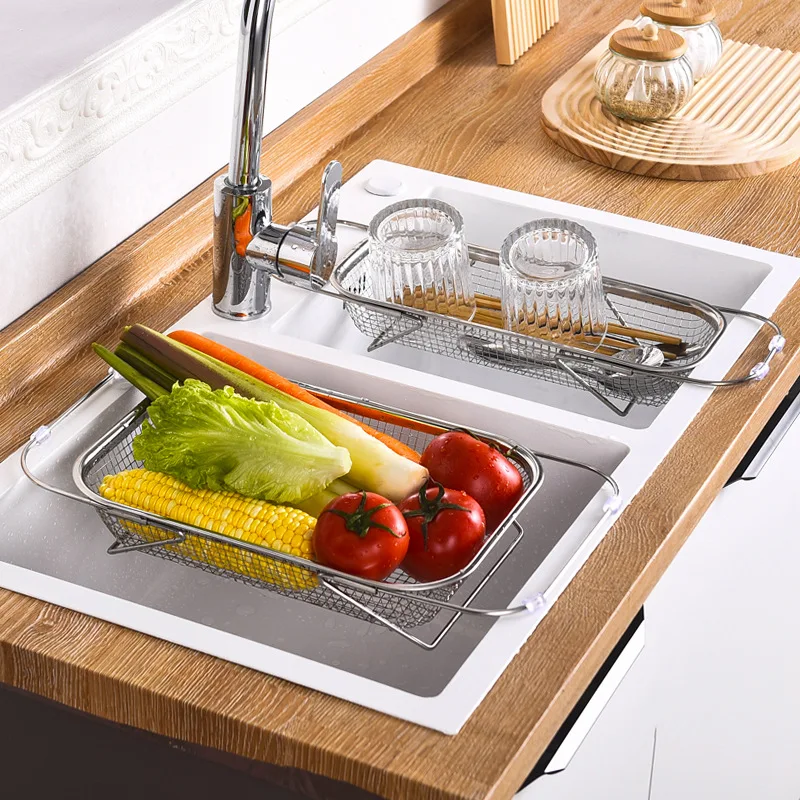 Adjustable Dish Drainer Kitchen Sink Stainless Steel Drain Rack Fruit Vegetable Storage Shelf Plate Bowl Dish Dryer Basket