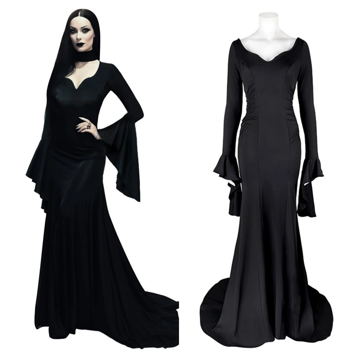 Womens Morticia Addams Dress Halloween Costumes for Women Adult Addams Family Costume Maxi Dress V-Neck Long Sleeve