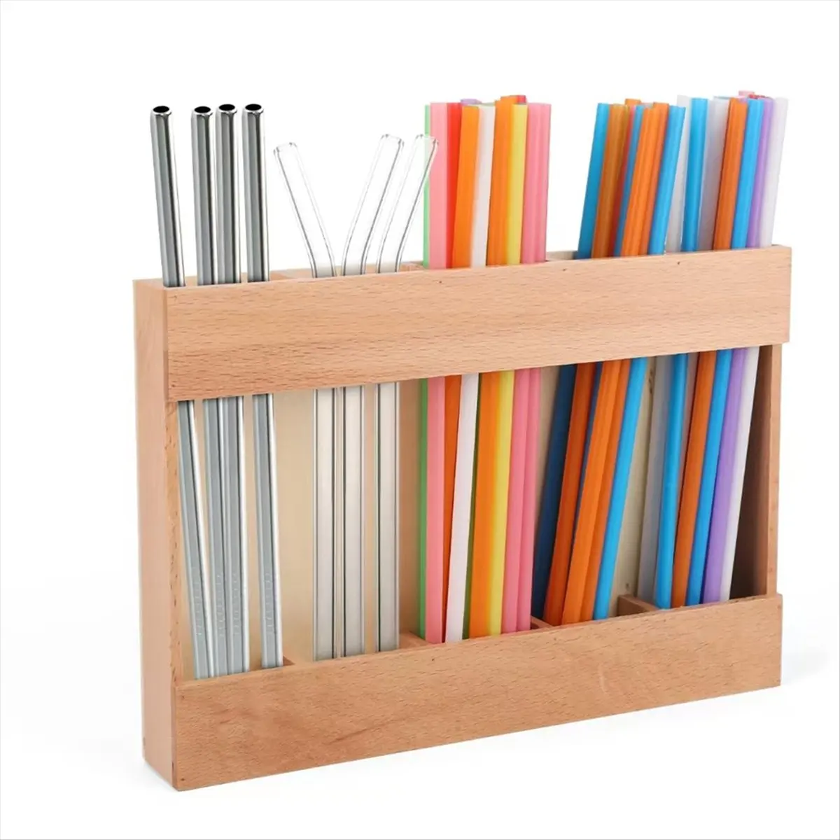 ABPP Wooden Reusable Straw Dispenser Organizer Adhesive No Drill Installation Eco-Friendly Countertop Storage