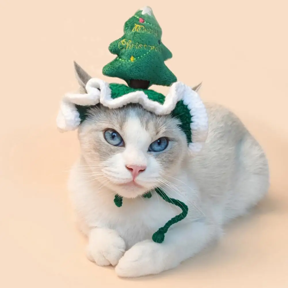 Cozy Cat Christmas Hat Xmas Tree Design Tie Fixing Comfortable to Wear Handmade Wool Knitted Pet Headwear Winter Dress Up