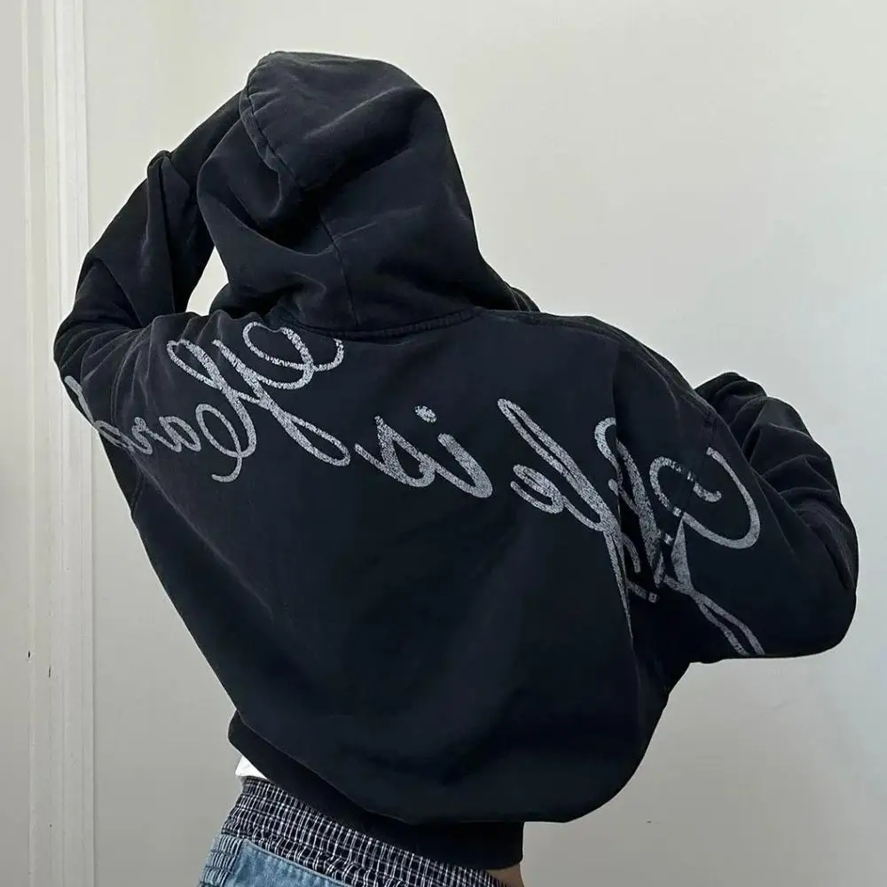 Y2K Girl American Gothic Letter Print Hoodie Fall Winter Harajuku Men and Women Zipper Jacket Trend Leisure Oversized Sweatshirt
