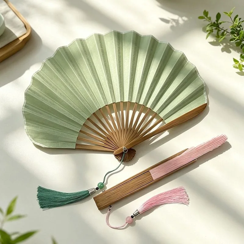 Personalized Custom Logo Text Can Be Laser-Engraved with Names and Dates, Chinese-Style Cute Shell Fan, Retro Solid Color Cotton and Linen Folding Small Fan, Summer Vintage Style Daily Portable Folding Fan