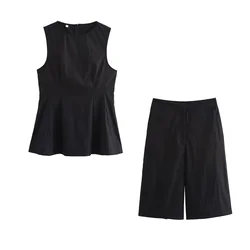 TRAF Autumn New Product Women's Simple and Versatile Round Neck Sleeveless Tank Top, Casual High Waist Shorts Fashion Set