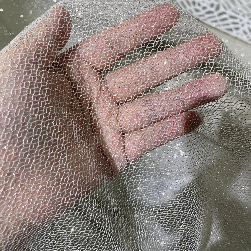 Shiny Silver Spray Gilding Fabric Medium Hard DIY Draping for Wedding Dress Background Layout Grid Net Fabric