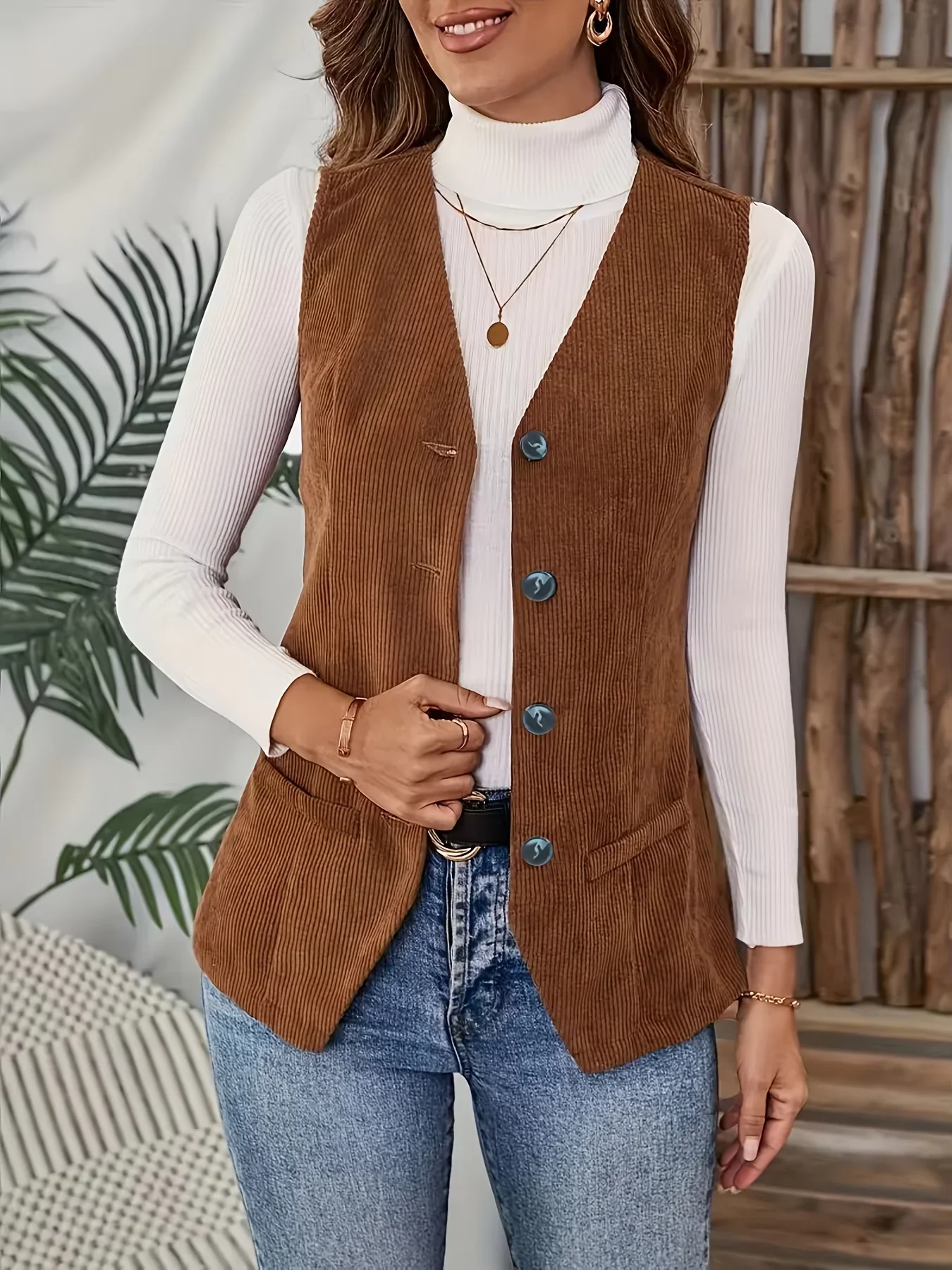 

Women's Large-Size Corduroy Vest Jacket V-Neck Solid Color Front Closure Autumn Winter Leisure Elegant Coat