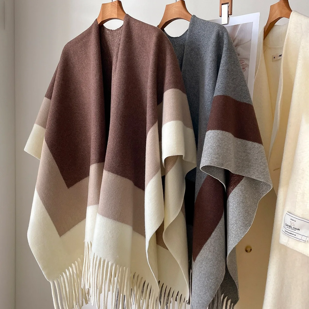 2026 Colorblock Poncho for Women Autumn Winter Warm Thick Faux Cashmere Neck Warmer Soft Korean Style Pashmina Wrap Stole Gift