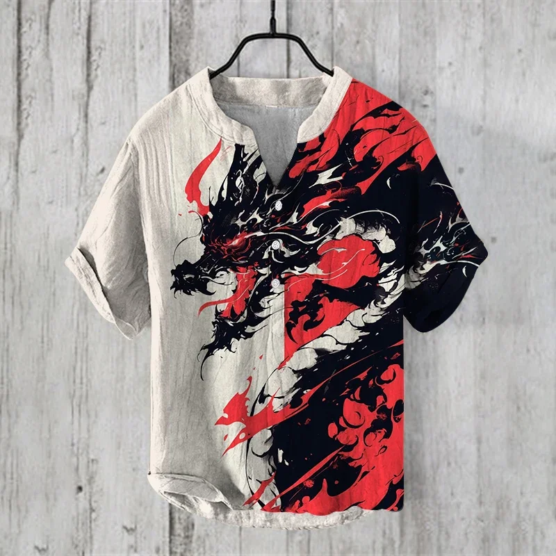 

2024 summer fashion Men's V-Neck henley shirt Men's Vintage Ink style mens Short sleeve Casual Shirt tops