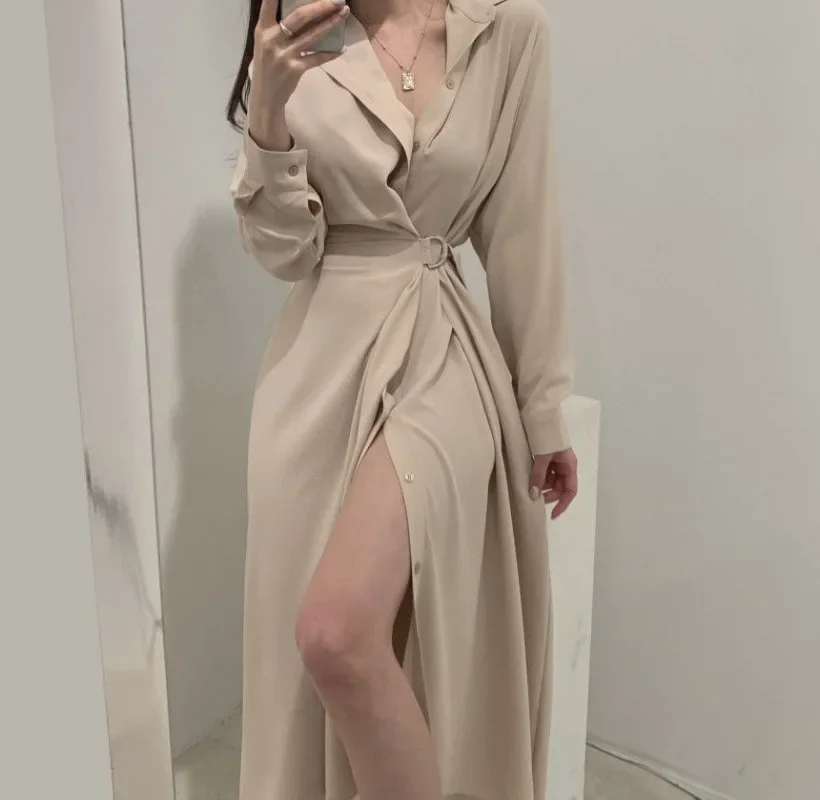Koreanischen Stil Schwarz Hemd Kleid Frauen Sexy Einem Stück Verschüttet Langarm Tunika Midi Kleider Y2k Herbst Verband Büro Kleid Плае