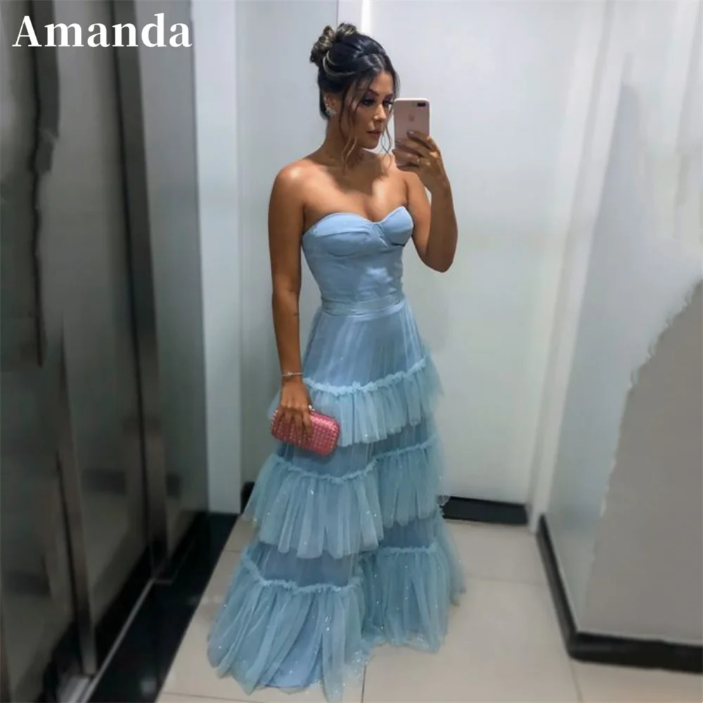 

Amanda Mist Blue Off Shoulder A-line Prom Dress Sexy Off Shoulder فستان حفلات الزفاف Strapless Tulle vestidos de festa