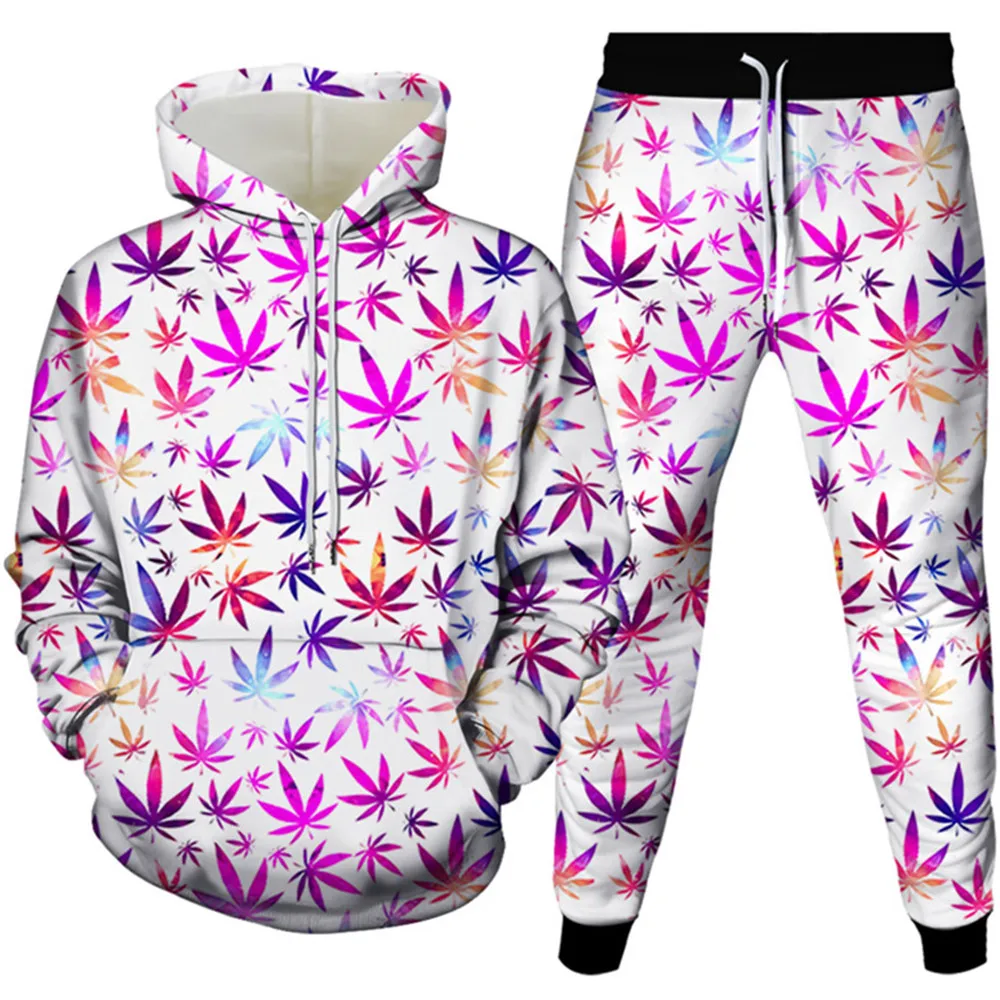 Green Weed Colorful Leaf Print Men Tracksuit Clothing Retro Harajuku Style Hoodies Sweatpants 2Piece Set Costume Plus Size S-6XL