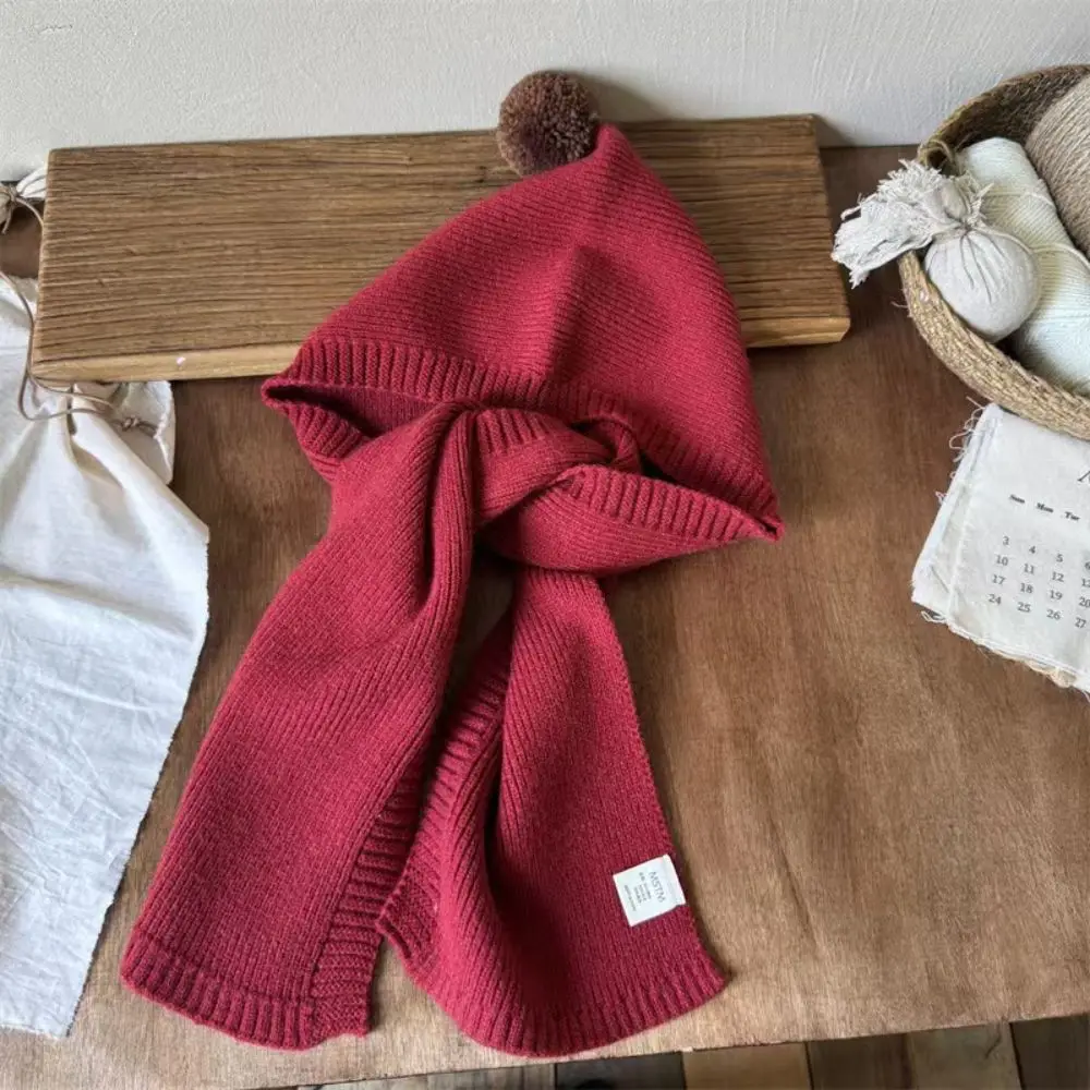 Cute 2-in-1 Knitted Balaclava Knitted Ear Protection Kids Winter Hat Attached Scarf Stretch Fit Hat Scarf Combo Winter