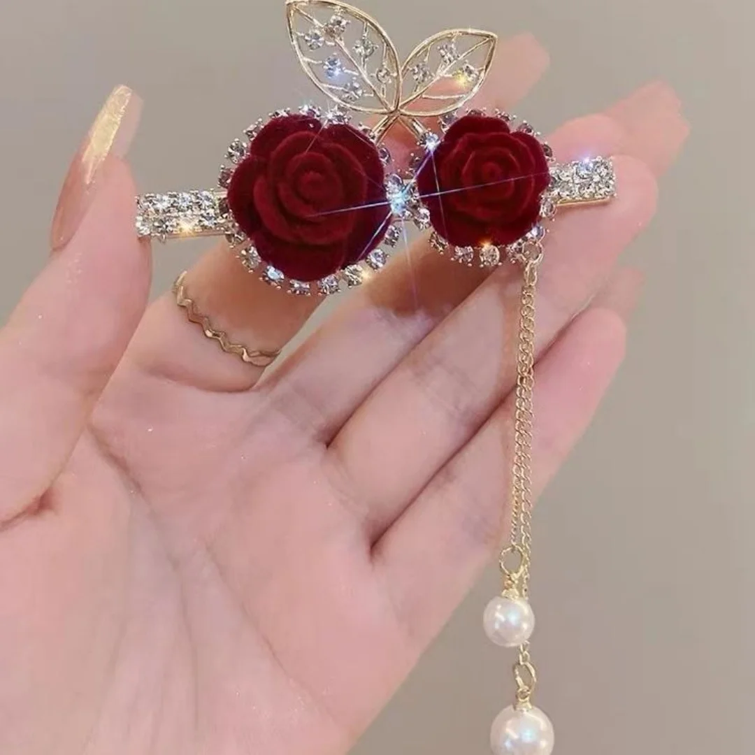 High-Appearance Value, Fresh and Sweet Red Velvet Hair Clip with Full Rhinestones, Internet Celebrity Shiny Rhinestone-Encrusted