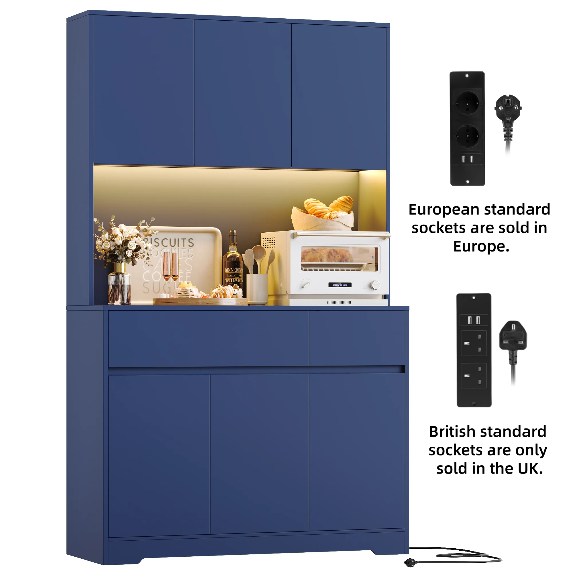 Getone hoge kast keuken 180 cm kast dressoir met LED, stopcontact, dressoir opbergkast met 6 deuren en 2 lades verstelbare planken 180x100x38,5 cm