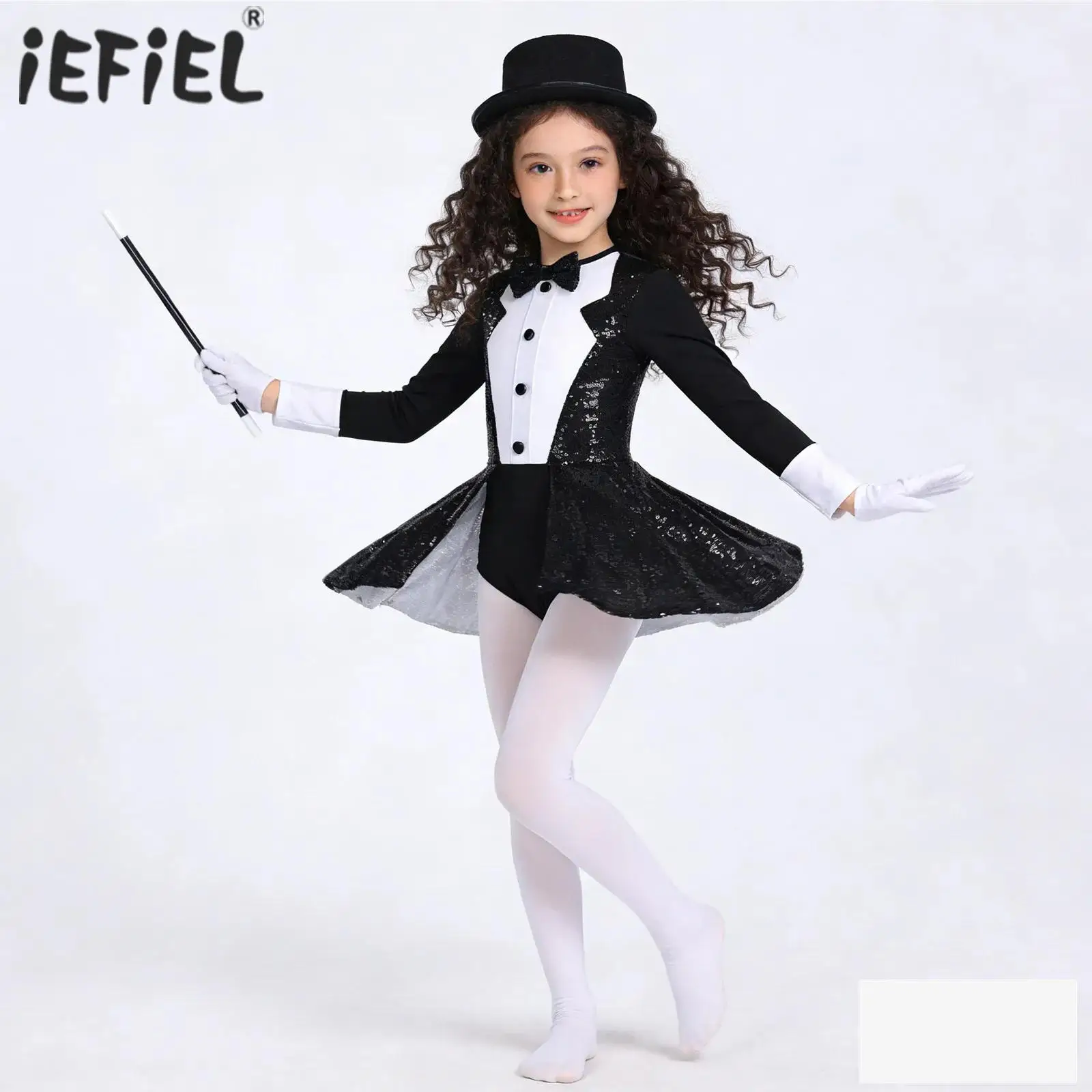 

Kids Girls Magician Circus Ringmaster Cosplay Costume Sequined Dance Performance Leotard dress with Hat Magic Wand Gloves