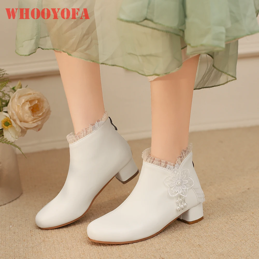 

2025 New Winter Sweet White Black Women Ankle Boots 3.5CM Med Block Heel Lady Shoes Plus Small Big Size 10 30 42 45 48