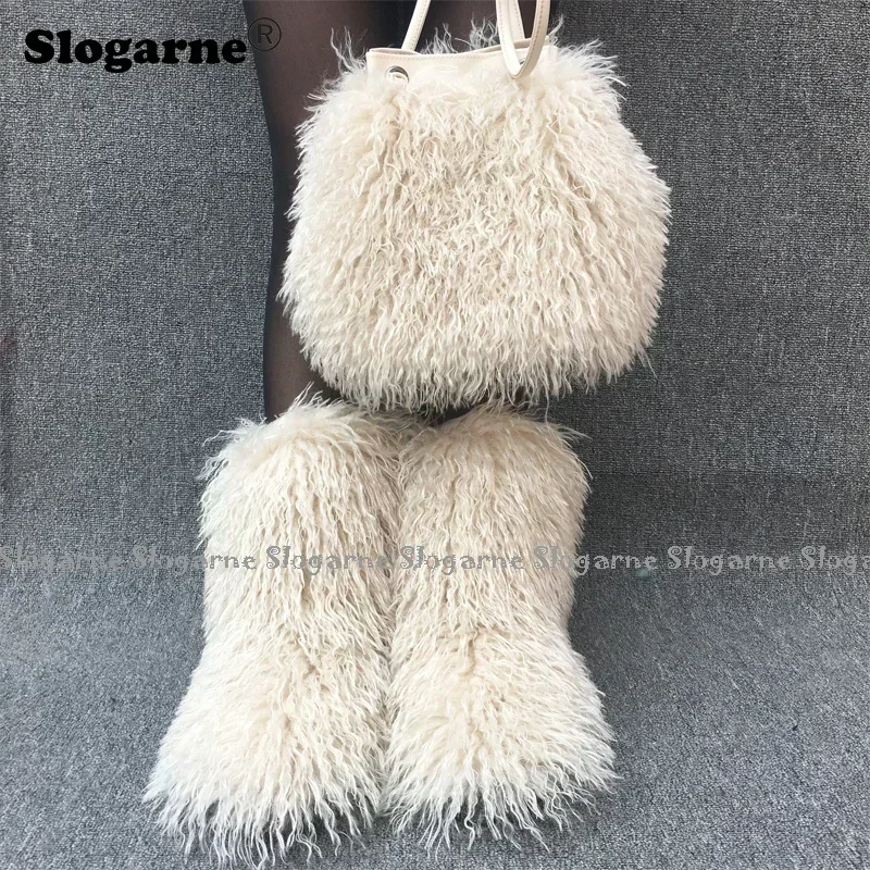 2024 Fashion Faux Wool Fur Handbag Women Outdoor Y2K Mongolian Fur Boots Woman Luxury Furry Shoulder Bags Fluffy Curly Snow Boot